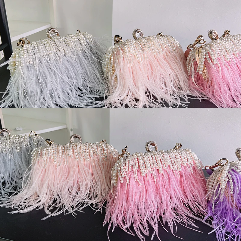 New Luxury Brand Ostrich Feather Women's Handbag Pink Pearl Chain Underarm  Party Evening Clutch Bag Shoulder Bag Crossbody Bag 3 - Top-handle Bags -  AliExpress