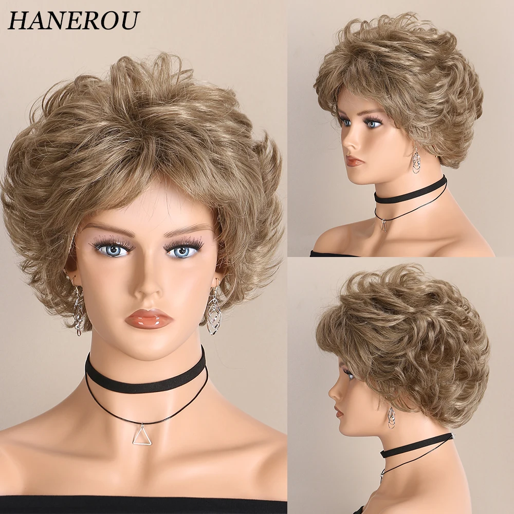 

HANEROU Pixie Cut Layered Short Synthetic Wigs Wavy Curly Blonde Brown Mixed Women Nature Hair Wig for Daily Party