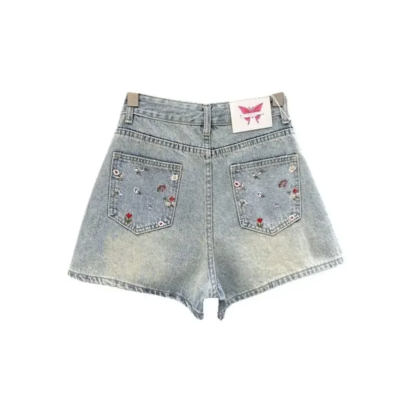 

Embroidery denim shorts female 2024 summer new loose versatile foreign high waist wide leg a word hot pants