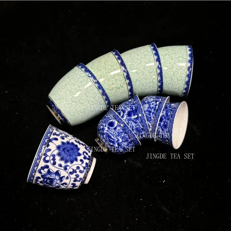 Retro Blue and White Porcelain Tea Cup Chinese Jingdezhen Small Tea Bowl Gold-banded Ceramic Teacup Coffee Mug Home Drinkware