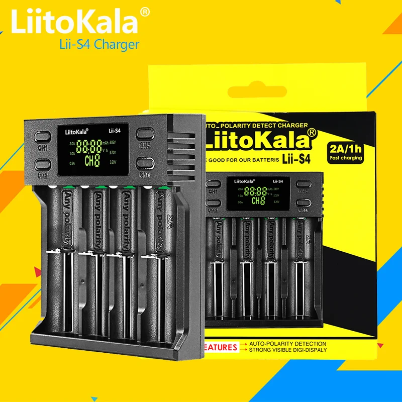 LiitoKala Lii-S4 18650 스마트 충전기 LED 4 슬롯, 26650 21700 18350 AA AAA 3.7V 1.2V 자동 극성 검출기 충전기
