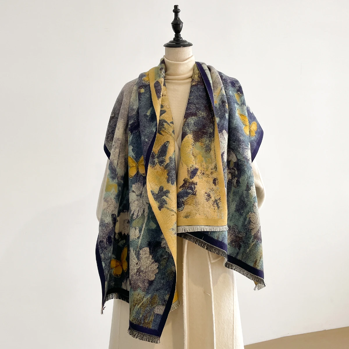 Luxury Winter Cashmere Double-sided Design Scarf Women Warm Pashmina Blanket Poncho Scarves Female Oil painting Shawl Bufanda