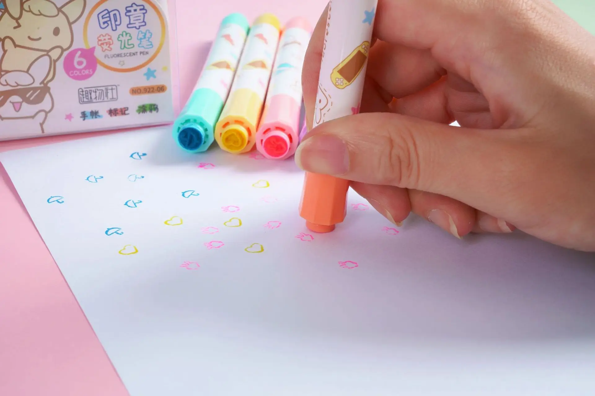 6colors Cute Stamp marker Pens Creative Double headed pattern Marker Pen  Manual account Stationery for children school Supplies