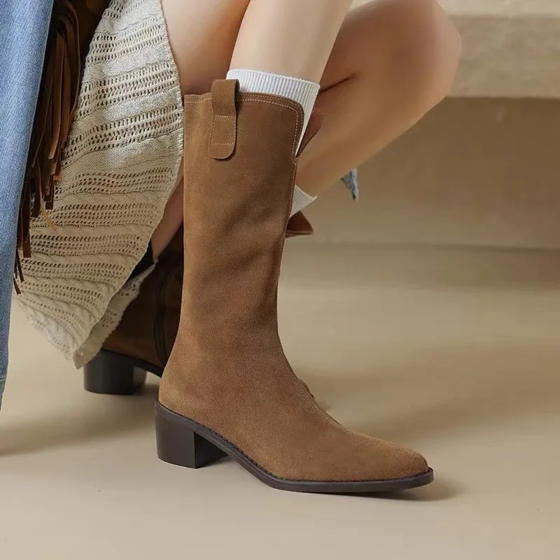 

2023 Winter New Simple Retro V-Mouth Western Cowboy Boots Women's Thick Heel Pointed Suede Side Zipper Mid Cap Boots