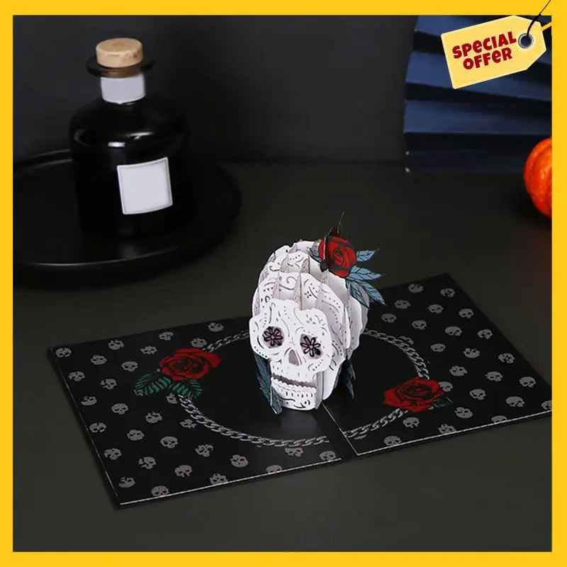 A45G-3D Halloween Greeting Card Festival Party Invitation Holiday Postcard Gift Skeleton Skull Rose Horror Greeting Card