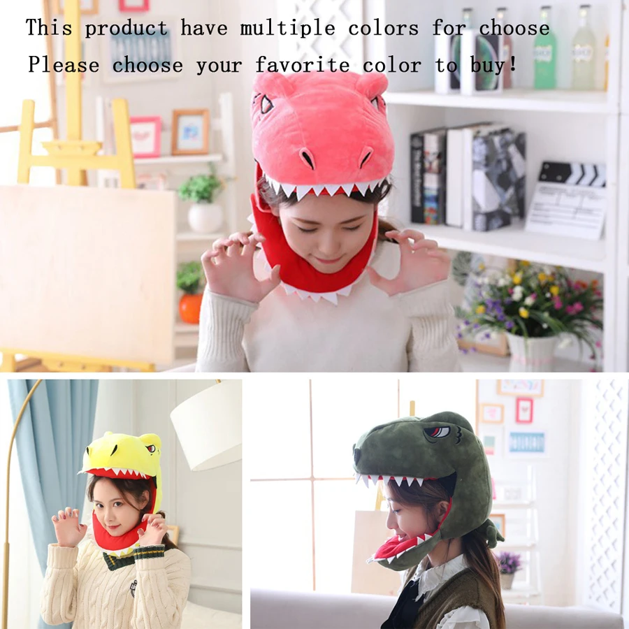Funny Cosplay Animal Dinosaur Head Cover Headwear Throw Pillow Plush Hat Costume Party Halloween Home Sofa Decor Ornament Props