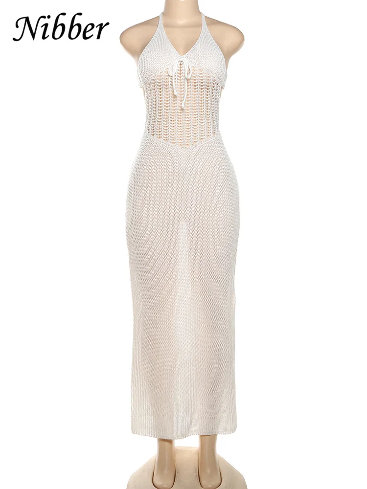 Nibber Knitted Crochet Women's Maxi Dress Elegant See Through Halter Low Neck Backless Vestidos Female Concise Solid Streetwear