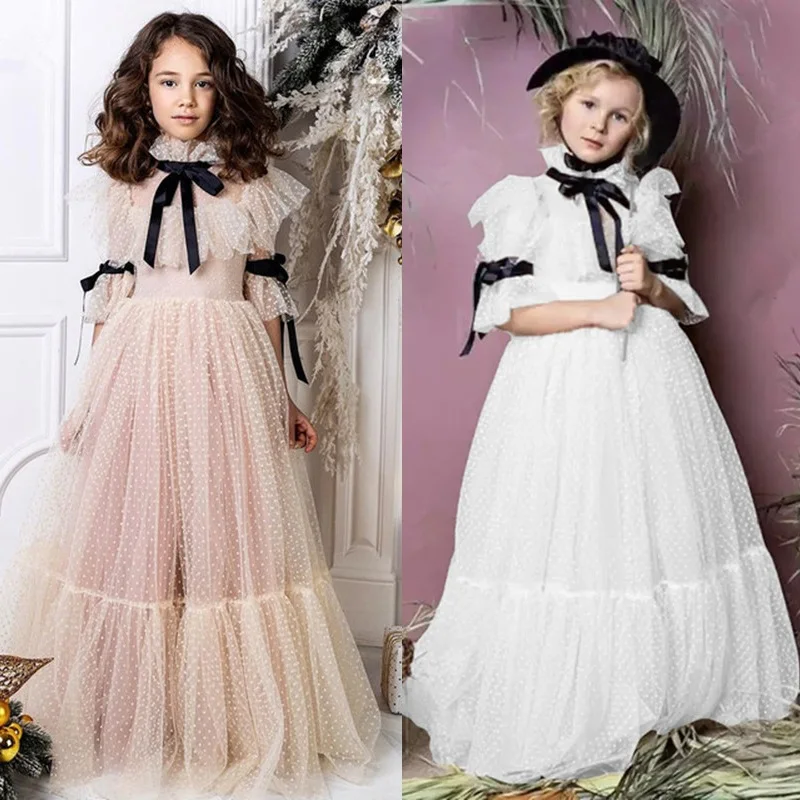 

New Polka DotsTulle Floor Length Flower Girl Dresses Princess Half Sleeves Bow Sashes Holy Communion Prom Gown Kids Formal Party