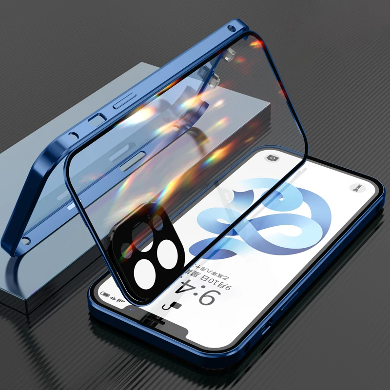 360 Magnetic Adsorption Metal Case For iPhone 11 12 13 Pro Max 12 13 Mini Double Sided Glass Cover Camera Lens Protector Film apple 13 pro max case