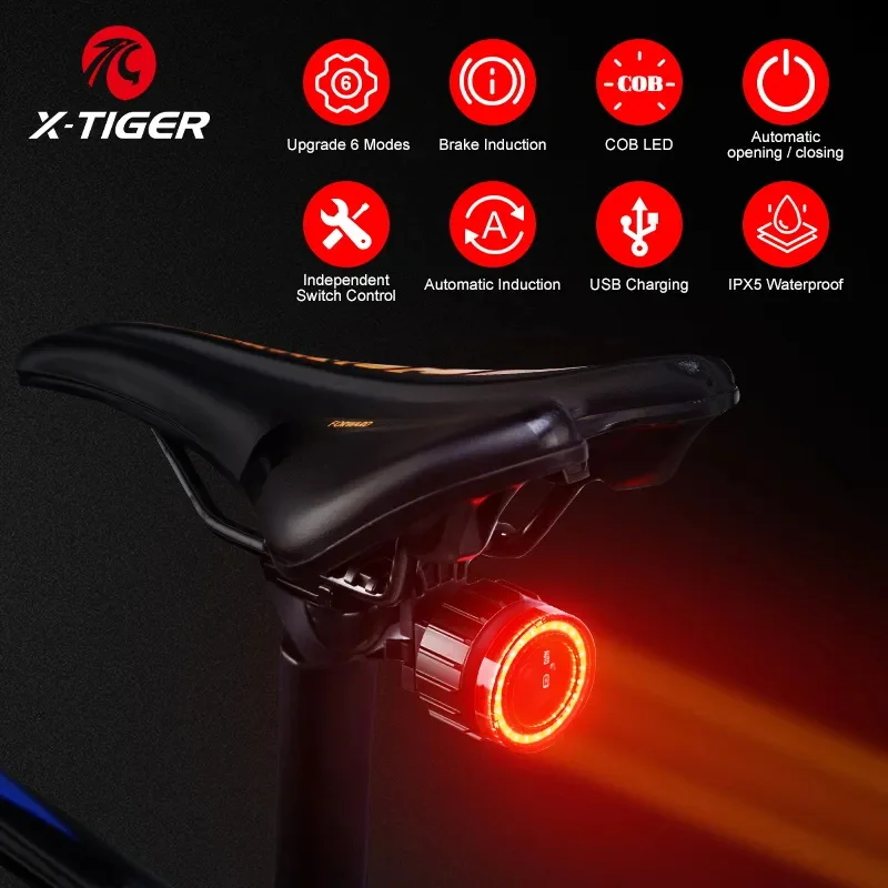 X-TIGER Luz trasera inteligente para bicicleta, luces traseras LED  deportivas, luz trasera recargable por USB, luz trasera de bicicleta con