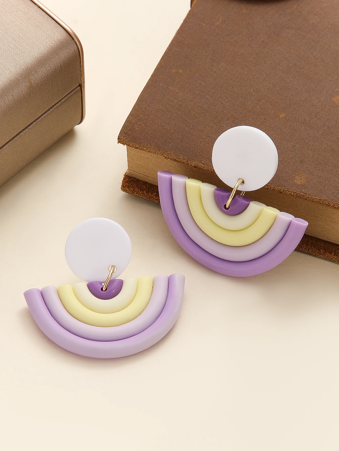 Artistic Lavender Rainbow Clay Earrings with Gold Foil Geometric Dangle
