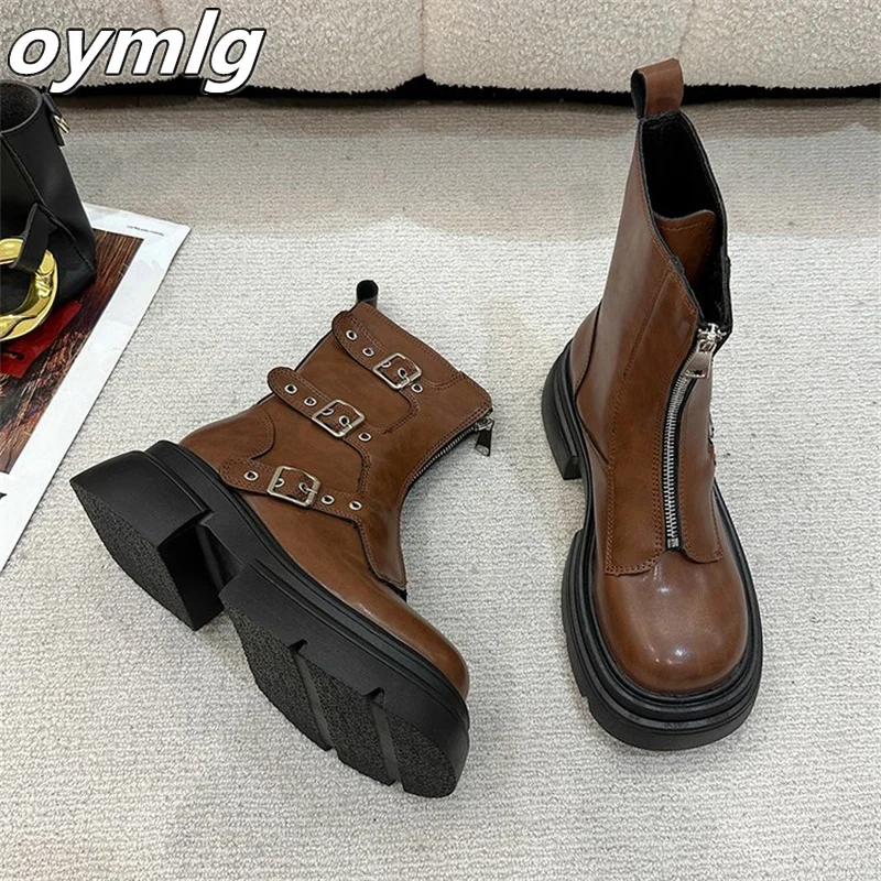 Belt buckle brown thick sole boots for women's 2023 new thin Western denim short boots platform shoes  boots women