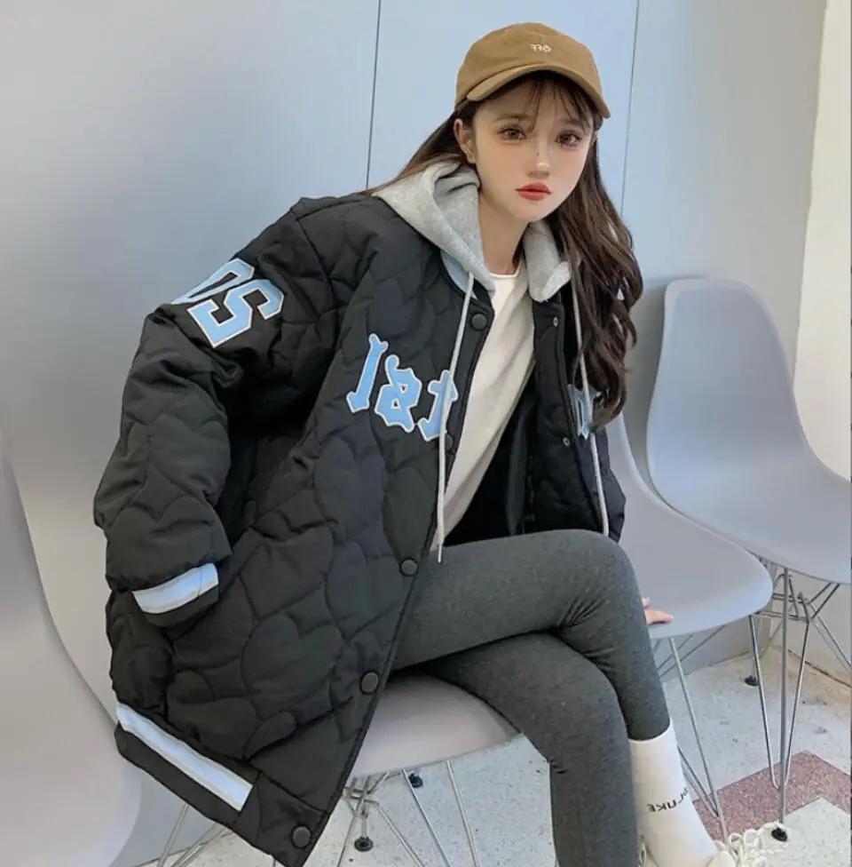 

Fashion Baseball Bomber Hooded Coat 2022 Autumn Winter Oversized Embroidery Jacket Retro Women Loose Casual Warm Padded parker