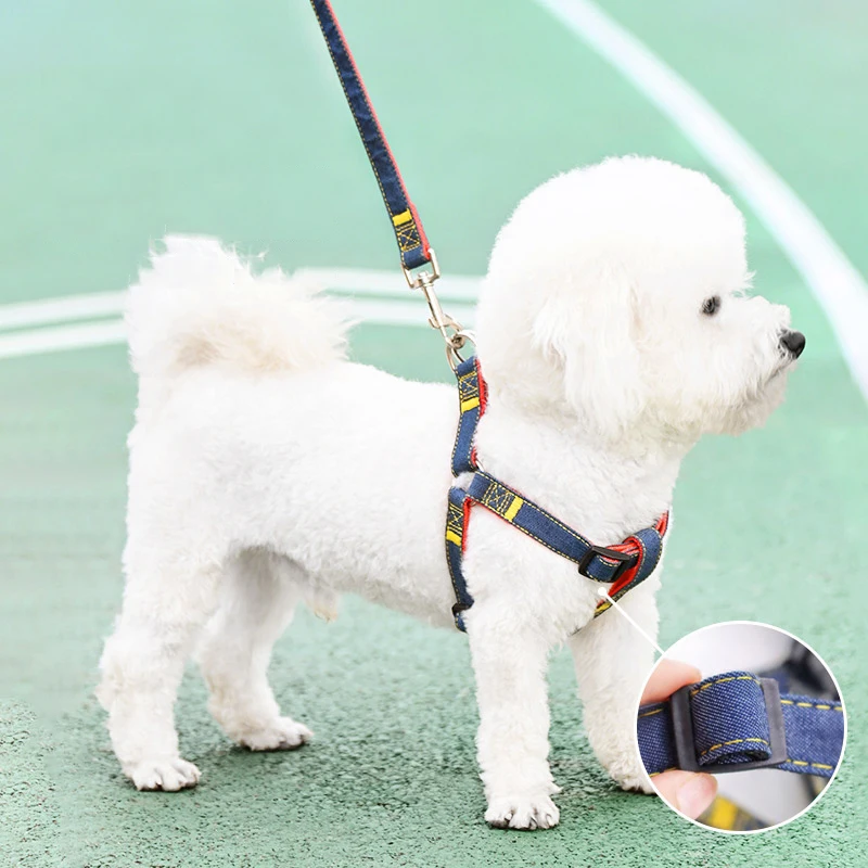 Durable Denim Dog Harness And Leash Vest Set For Pet Walking_voghion.com