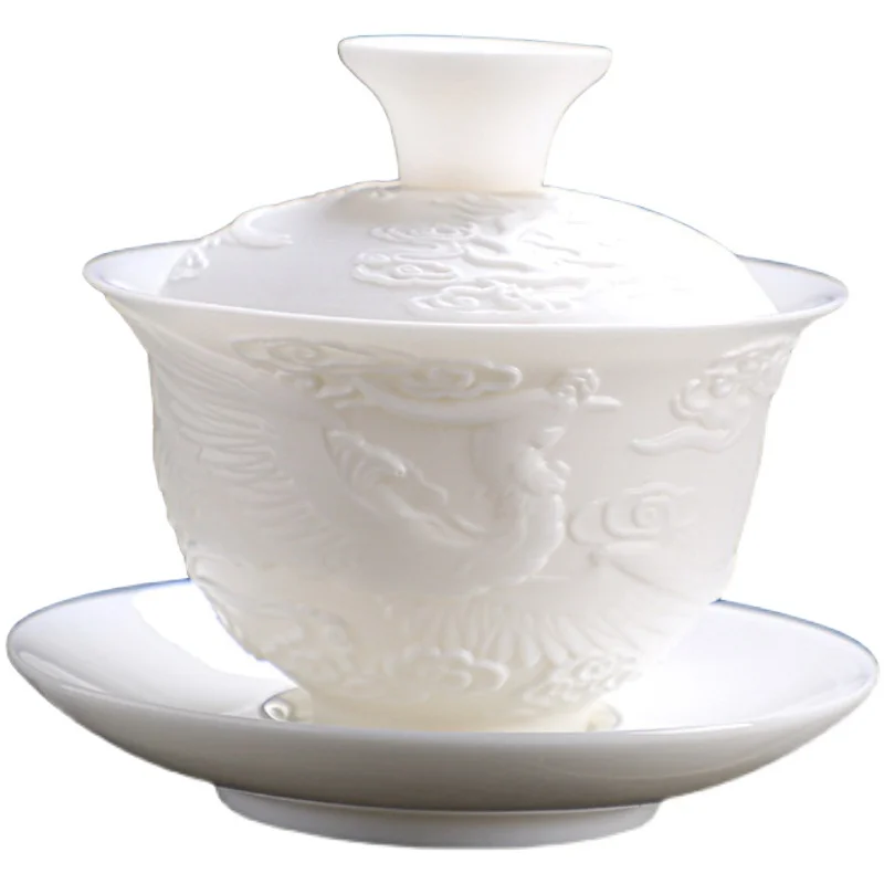 Ceramics Gaiwan 150ml relief dragon and phoenix pattern kung fu tea maker drinkware tea set bowls set