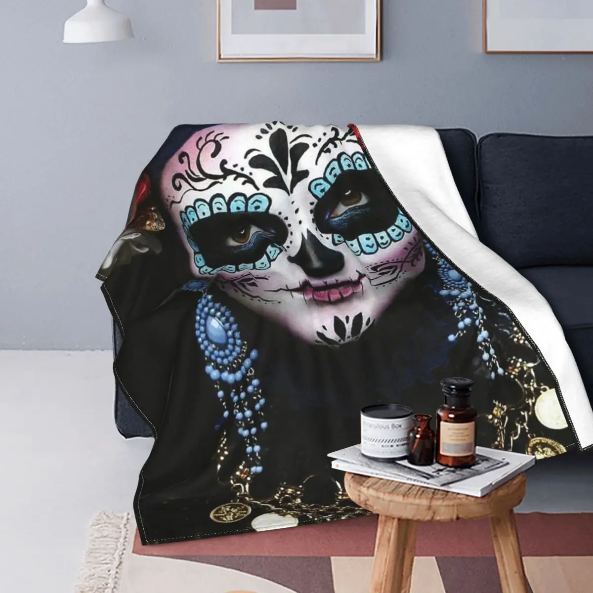 

Sugar Skull Knitted Blanket Coral Fleece Plush Halloween Horror Soft Throw Blanket for Bed Bedroom Quilt