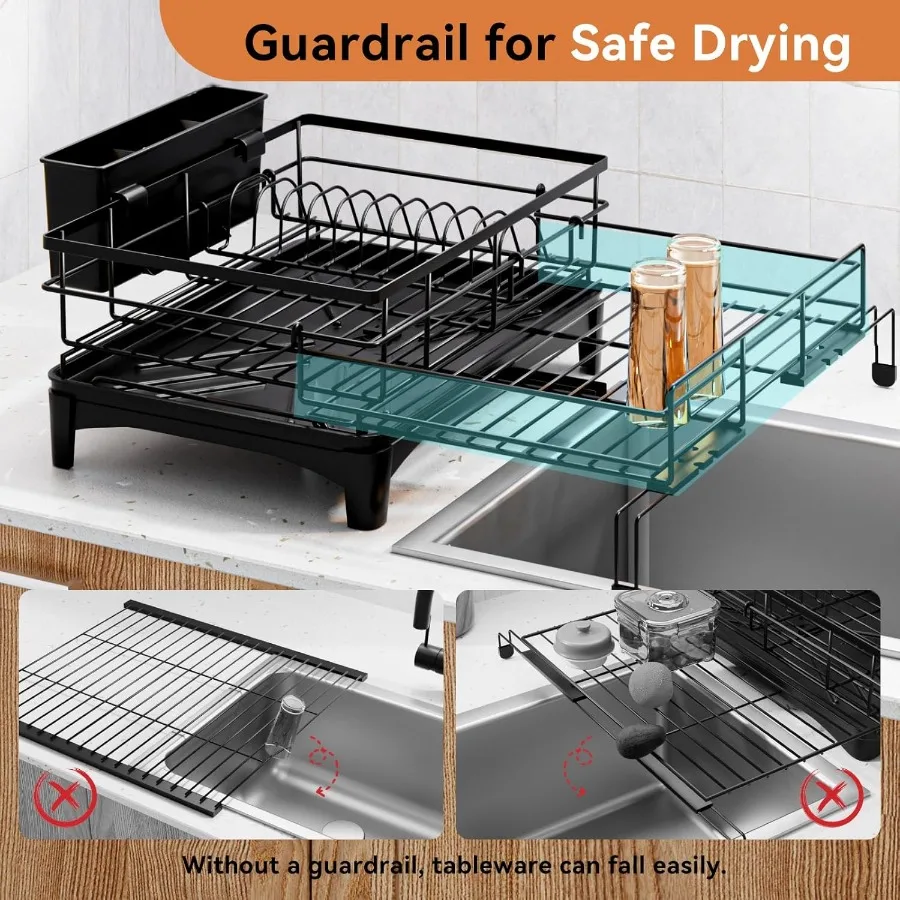 Dish Drying Rack Expandable Rack Large Capacity Dish Drainer for Kitchen Counter RustProof with Utensil Holder Black