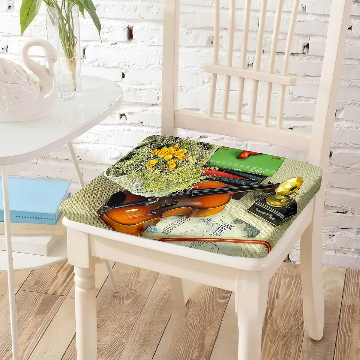 

Violin Flowers Art Printing Chair Cushion Square Cotton Sitting Cushions Soft Comfortable Chairs Pad for RV Vacation Home Decor