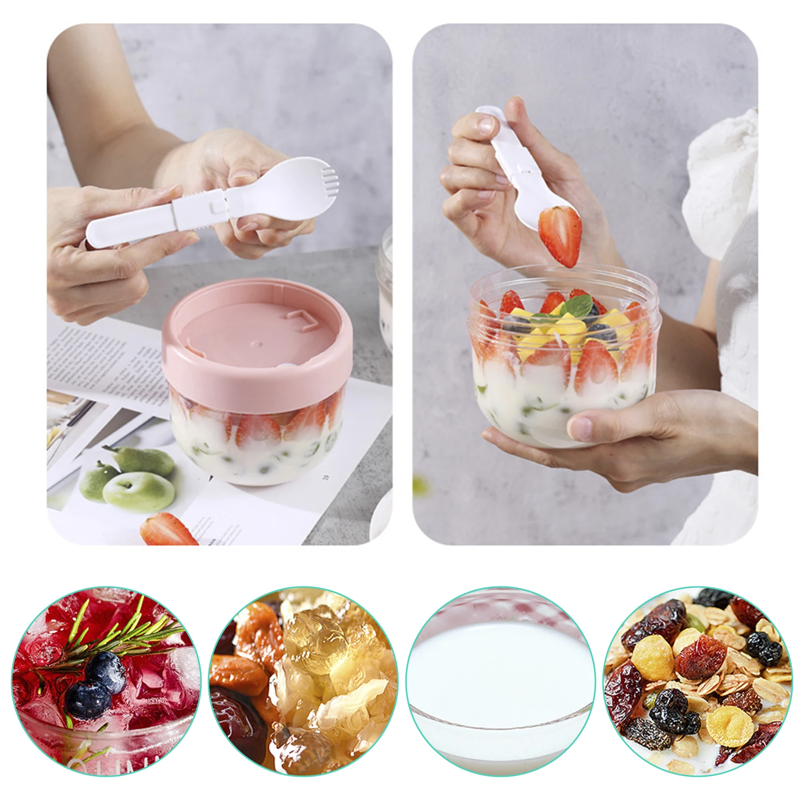 Overnight Oats Container With Lid Foldable Spoon Portable Yogurt Oatmeal Container Jar for Students Food Storage Container 3