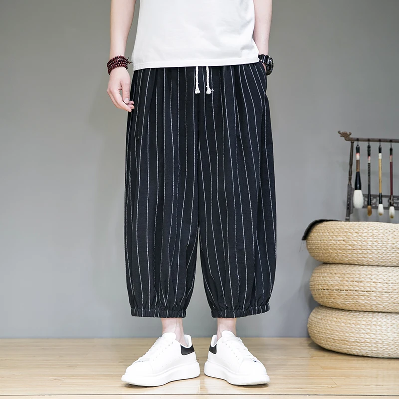 black mens sweatpants mens spring and summer casual pants mens wild cotton  and linen loose linen pants korean version of the trend pants straight tube