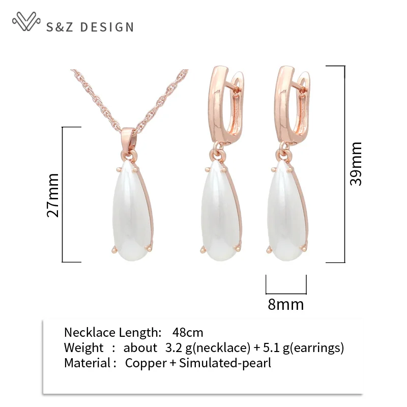S&Z DESIGN New Fashion Water Drop Simulated-pearl Dangle Earrings Jewelry Sets For Women Wedding 585 Rose Gold Color Necklace