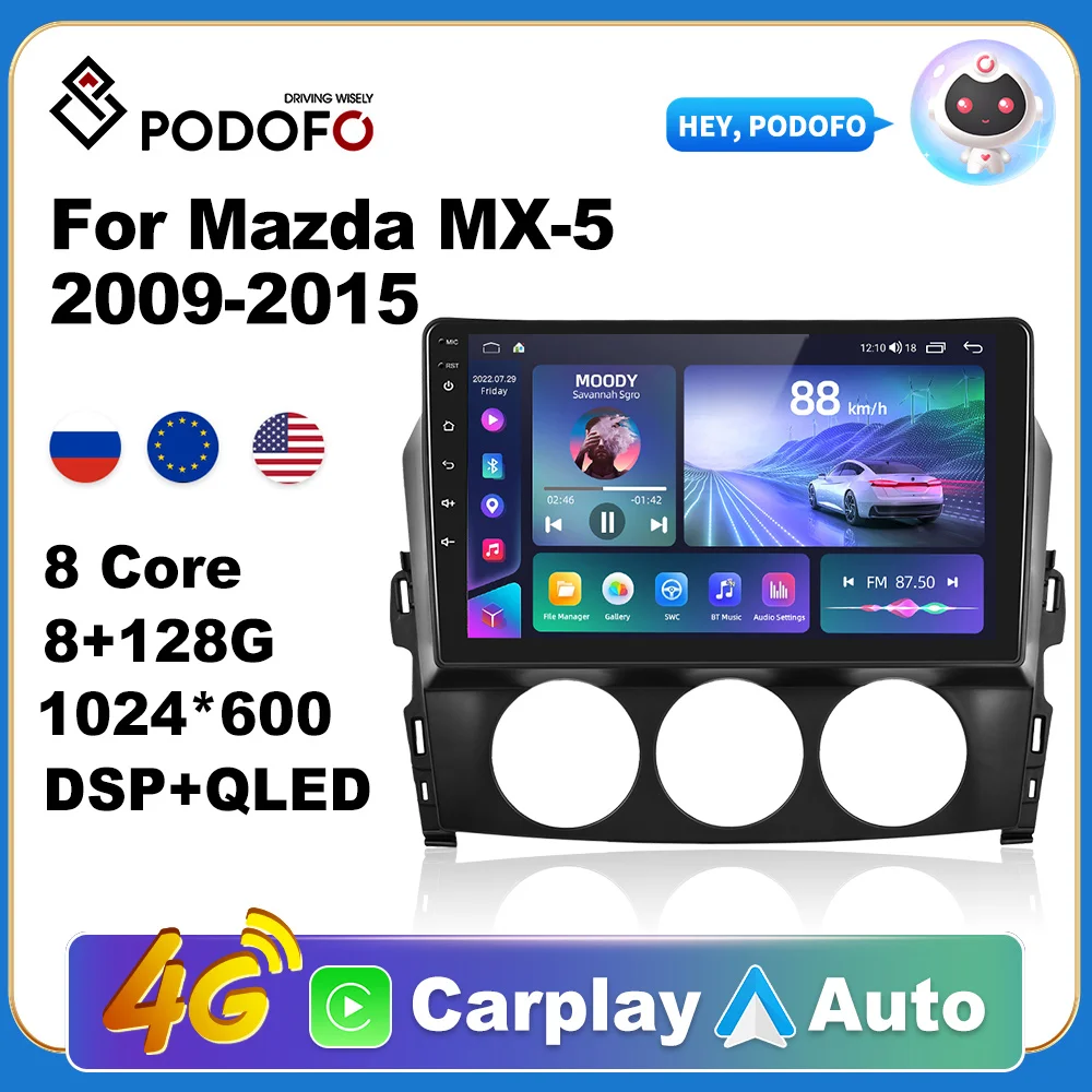 

Podofo AI Voice Android Carplay Car Radio For Mazda MX-5 2009-2015 2din Android Auto 4G Multimedia Navigation GPS Autoradio DSP