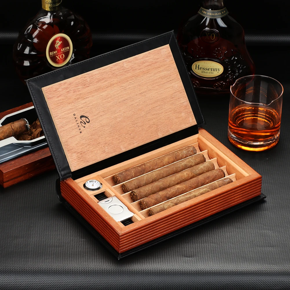 GALINER Cigar Leather Humidor Cedar Wood Case Box Set Smoking