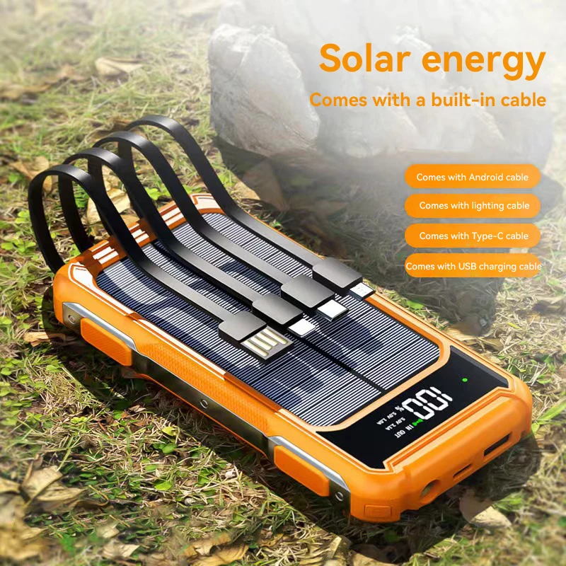 4-in-1 Solar Power Bank Built-in-cables 100000mAh High Capacity Charger Fast Charging Intelligent Digital Display Battery 2025 3