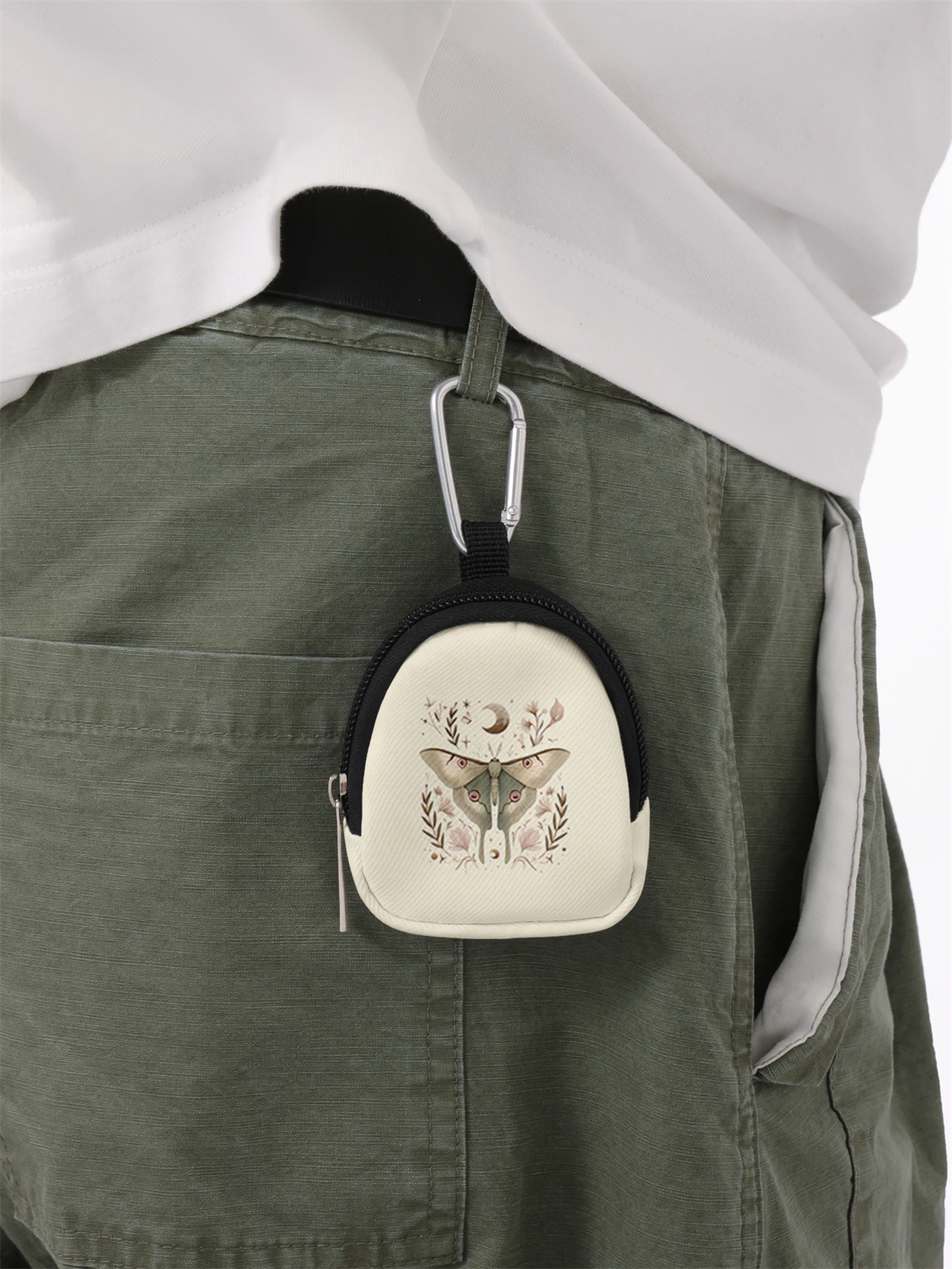 Moth pattern printed mini wallet, zipper change bag with hook clip, headphone key bag, suitable for men and women