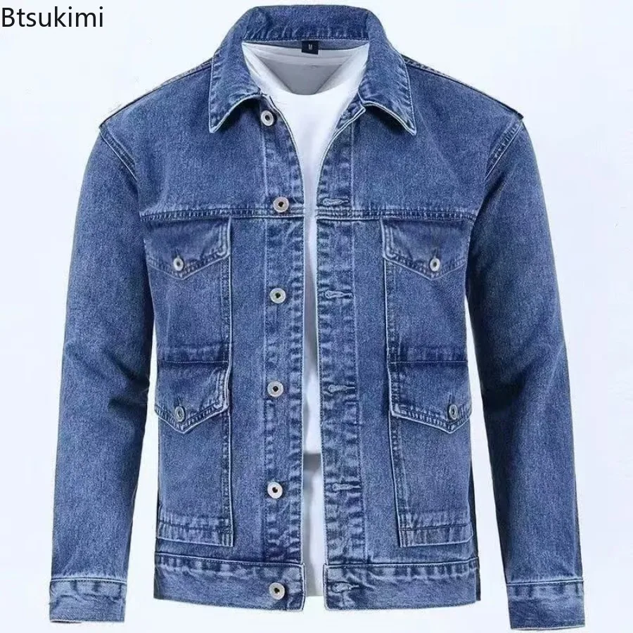 2024 New Men's Denim Cargo Jacket Loose Vintage Fashion Casual Cardigan Jacket Men Youth Handsome Washed Cowboy Coats Plus Size