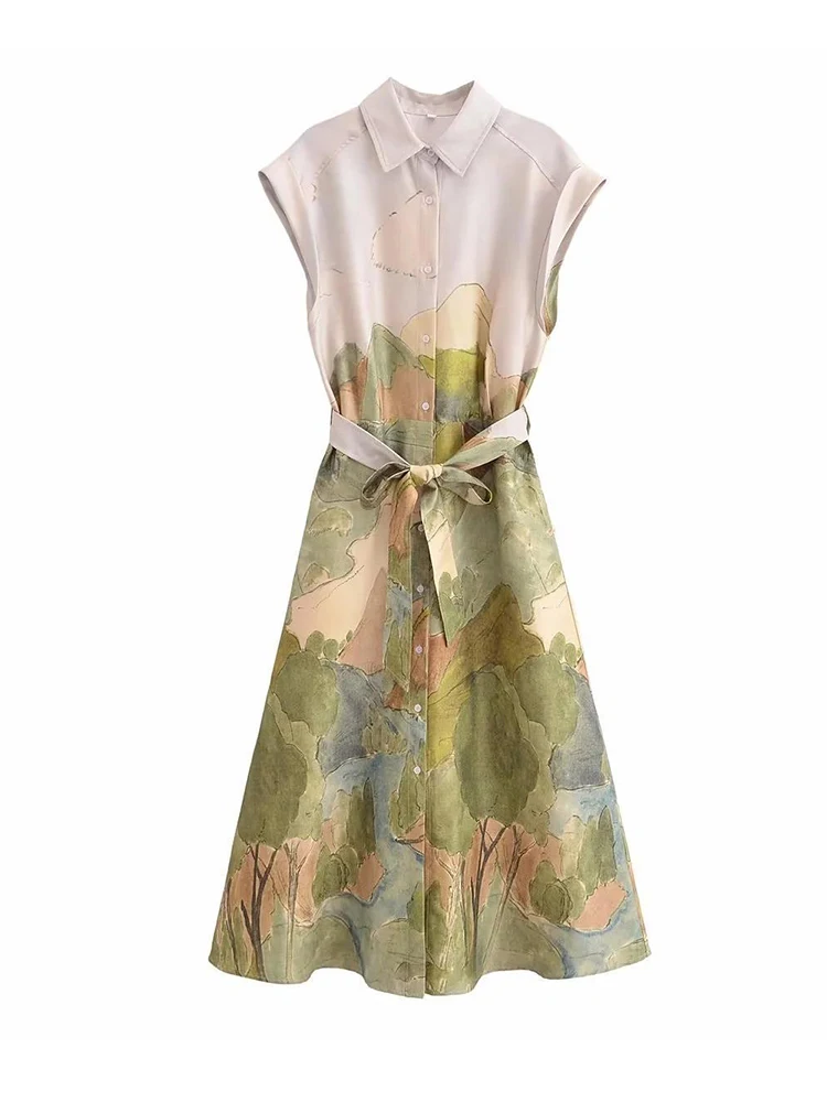 

Summer Print Sleeveless Shirt Dress Women Sleeveless Single Breasted A-line Midi Dresses With Sashes
