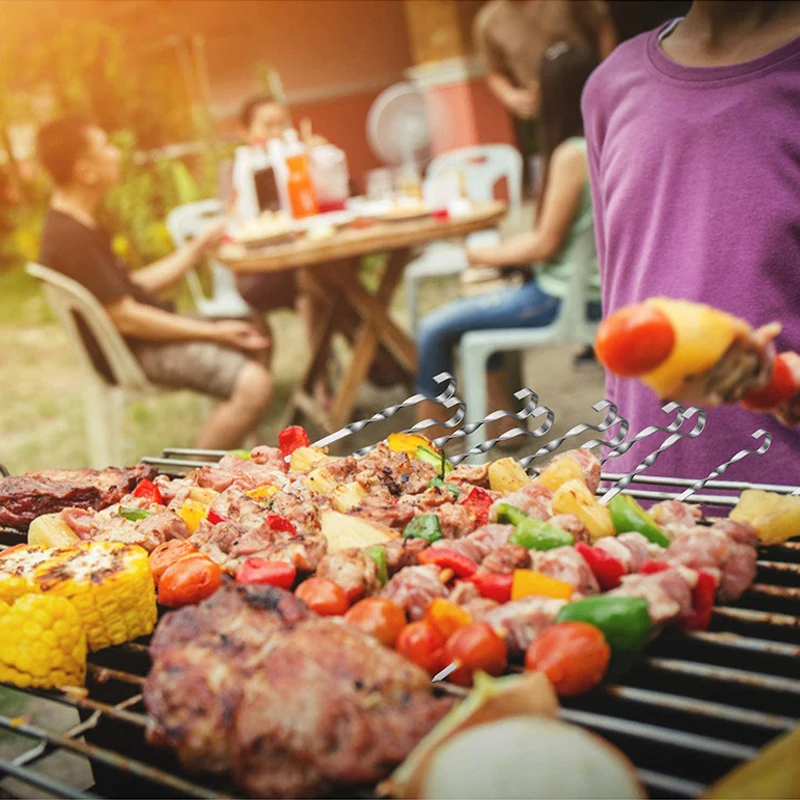 C2 6pcs/Set Roasting Fork With Bag Camping Barbecue Meat String Chunks Of Stainless Steel Roast Stick BBQ Skewers Outdoor Picnic