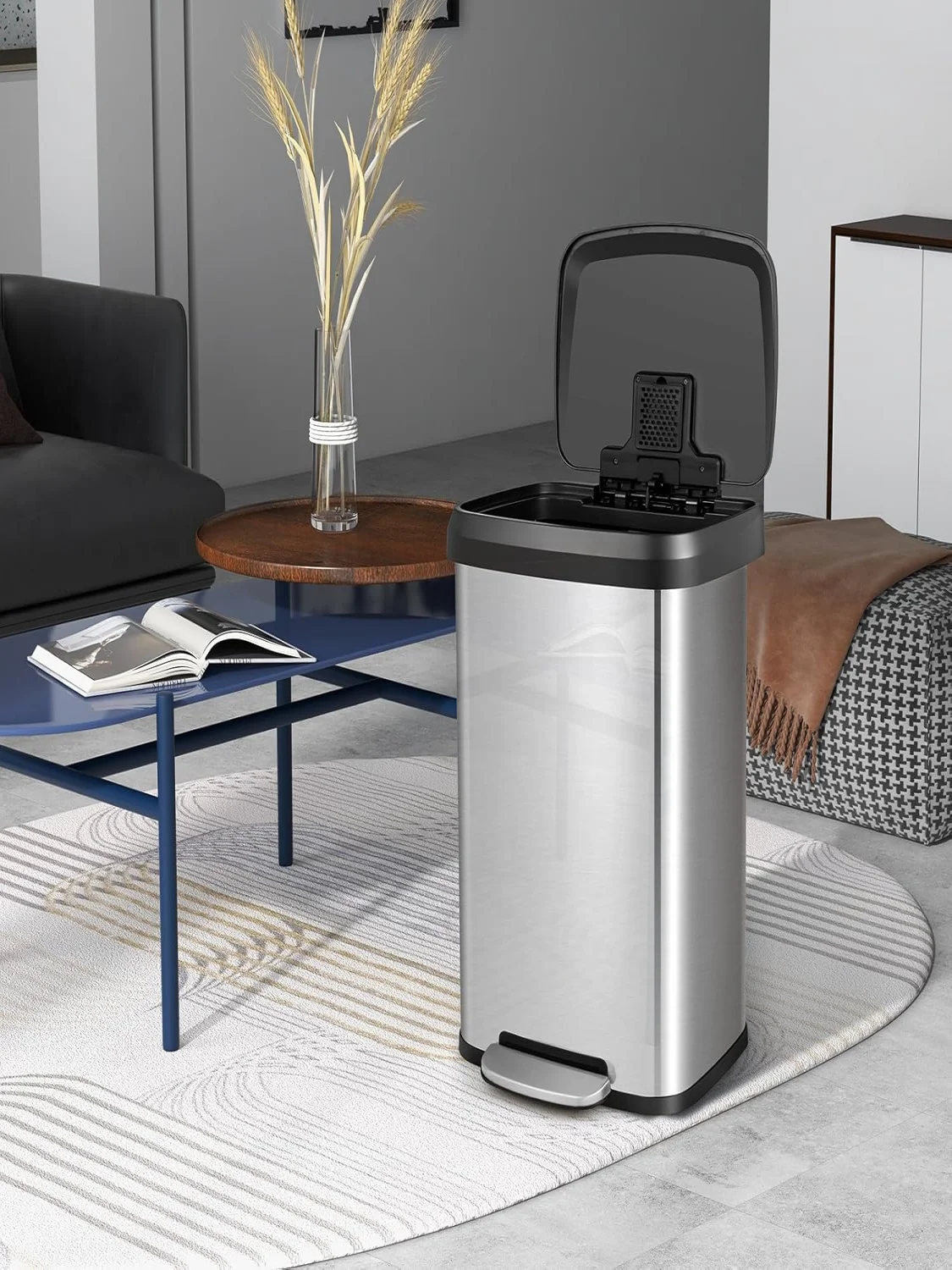 50-Liter-Behälter, fuß betätigter Behälter mit weichem Deckel, Abfalls eig system, einschl ießlich desodor ierter Fächer, Silber – Detail 1
