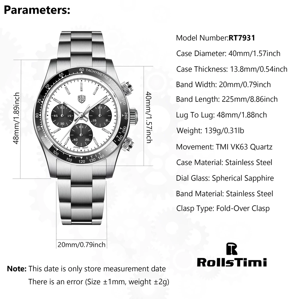 Orologio da uomo ROLLS TIMI 2026 di lusso, orologio al quarzo da uomo alla moda con specchio in zaffiro VK63, cronografo sportivo luminoso, reloj hombre - Image 6
