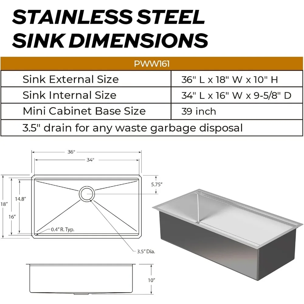 36 inch Workstation Kitchen Sink,Undermount Deep Single Bowl, 16 Gauge Stainless Steel with Integrated Ledge