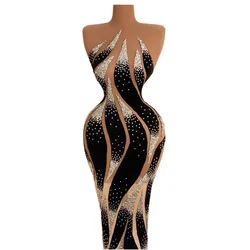 Fashion Silver Rhinestones Transparent Sleeveless Long Dress Birthday Celebrate Rhinestones Costume Evening Dance Xiangweishe