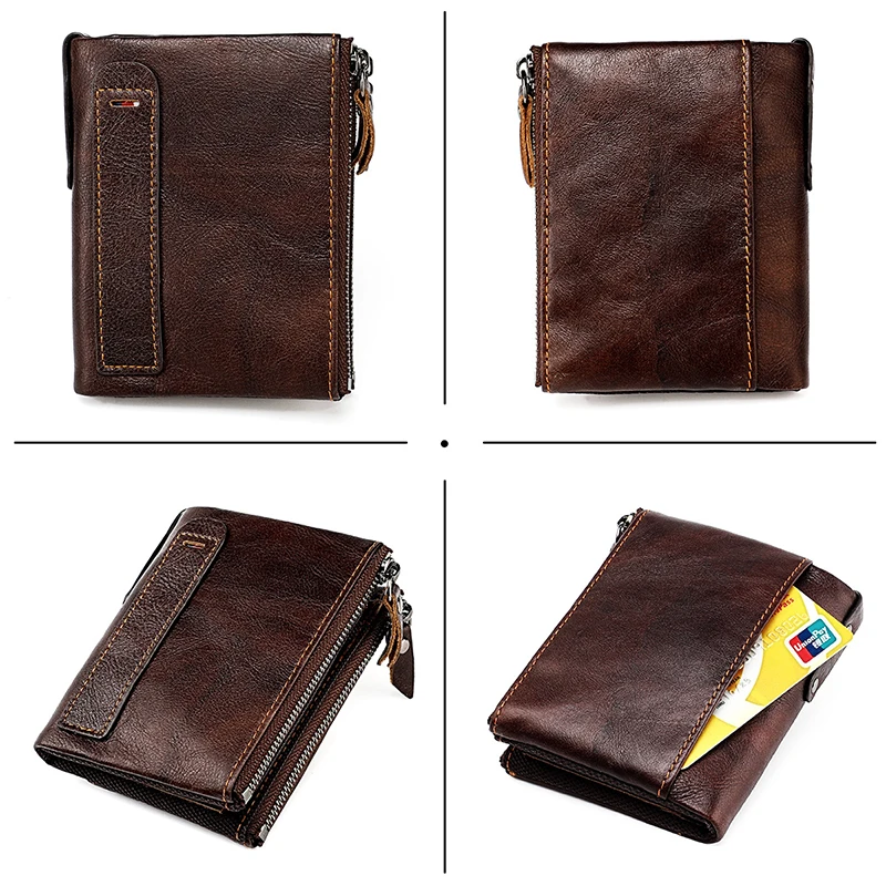 Genuine Leather Short Men RFID Wallets Name Engraving Leather Card Holder Brand Men Purse Retro Coin Pocket Zipper Male Wallet 6