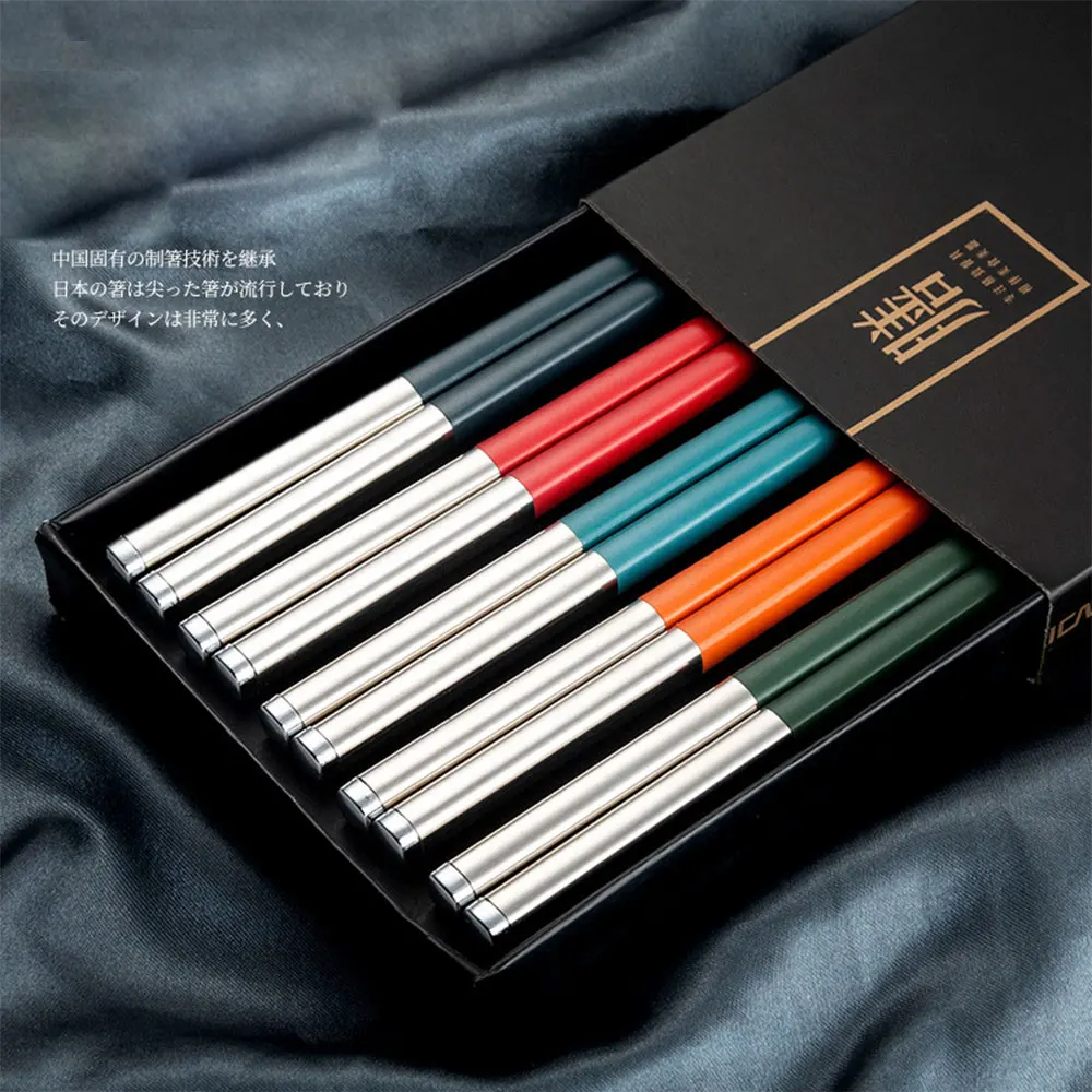 중국 일본 한국 젓가락 스시 스틱, 미끄럼 방지 합금 젓가락 세트, 가정용 주방 식기 도구 액세서리, 5 쌍 