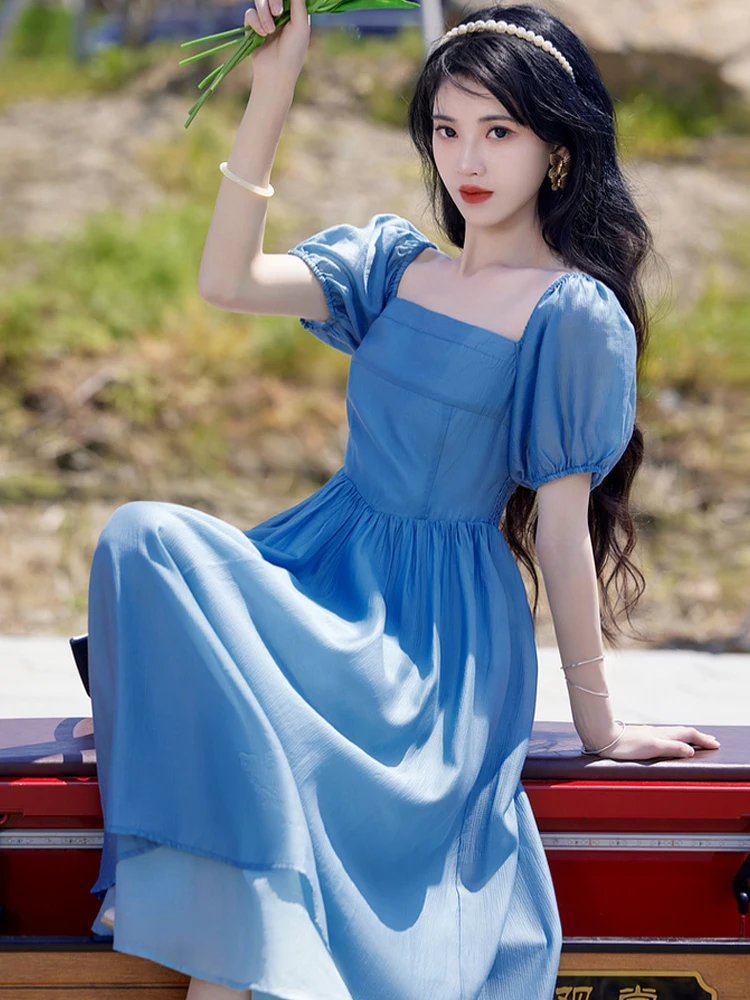 

Summer new women's retro court style square collar bubble sleeve long dress temperament slim swing blue dress