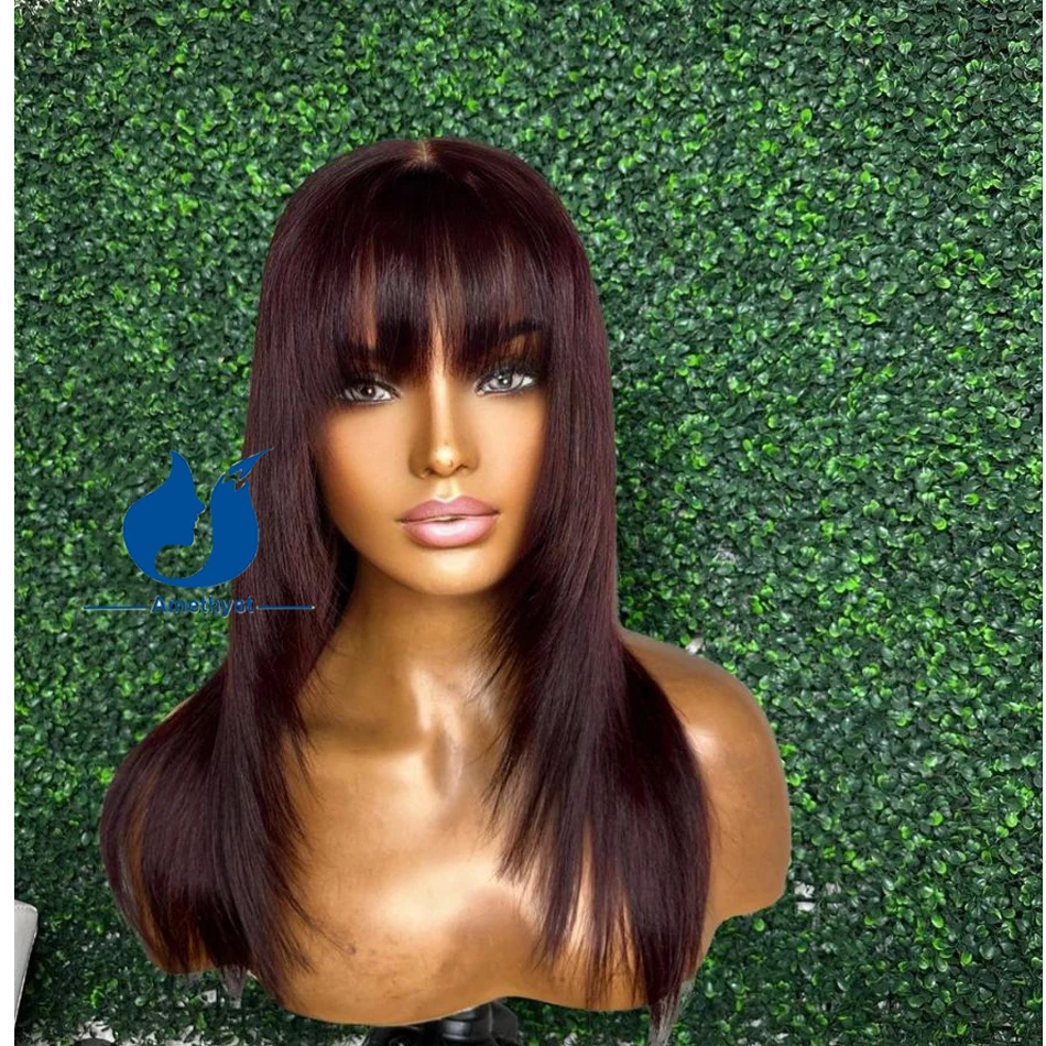 자수정 다크 버건디 레이어드 컷 두피 탑 인모 가발, 흑인 여성용 앞머리 포함, 브라질 무접착제 스트레이트 레미 헤어 99J