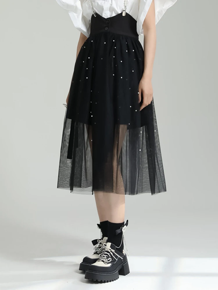 

Black Skirt High Waist Dot Mesh Double Layers Long Elegant Half Body Skirt Women Fashion Tide New Spring Autumn Clothing 2024 1D