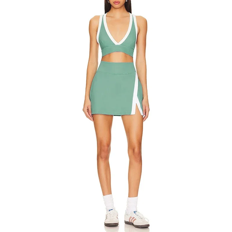 Women 2 Piece Sets Sport Golf Tennis V-neck Crop Top Backless + Skirts Athletic Training Clothes
