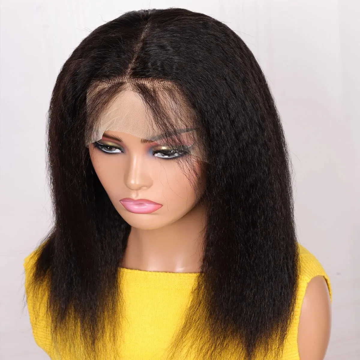 Lace Front Wig Soft Yaki Preplucked Middle Part Short Bob 16Inch 180Density Kinky Straight Synthetic With Baby Hair Glueless