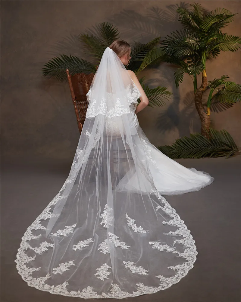 Layer 2 lace edge 3M cathedral wedding veil with comb for bride bridal veils accessories bridal veil