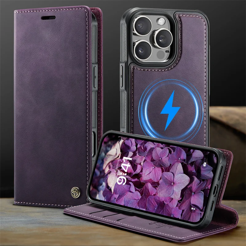 Magnetic PU Leather Flip Card Wallet Phone Case with Magsafe Wireless Charging Cover