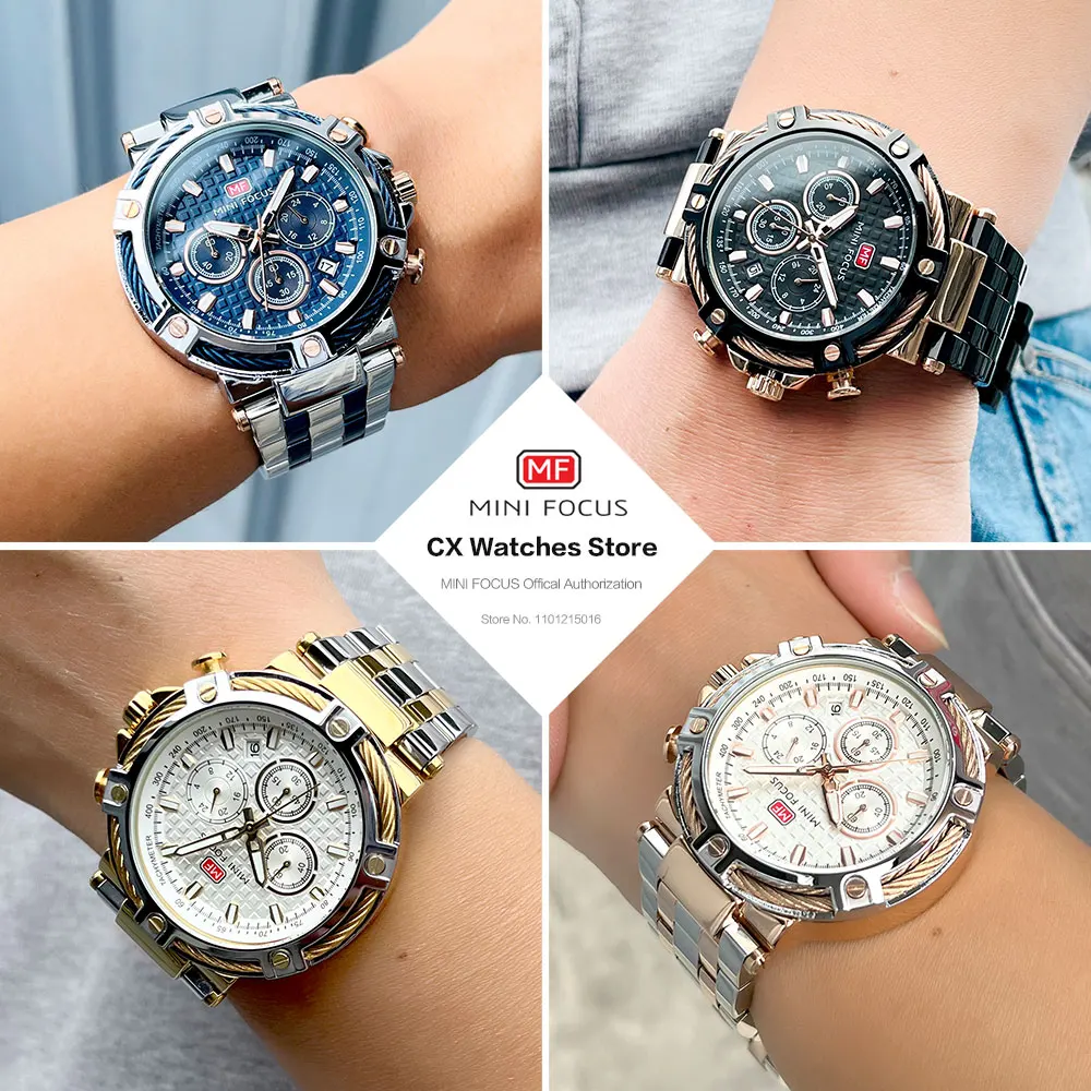 MINI FOCUS Analog Quartz Dress Watch Men Silver Blue Stainless Steel Band Chronograph Luminous Wristwatch with Date 24-hour 0470 3