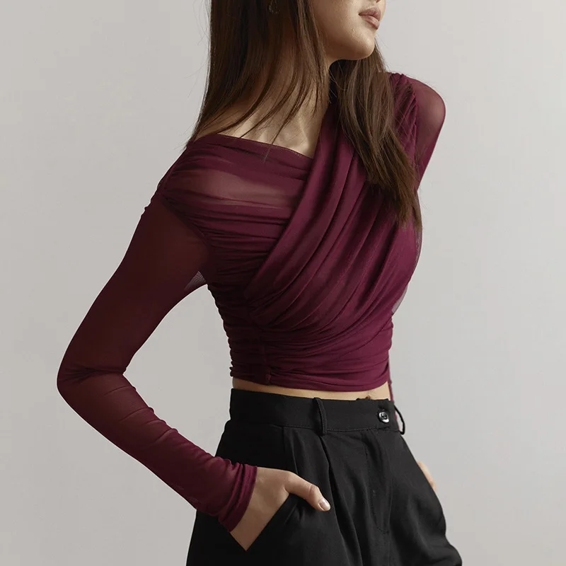 Camiseta de malla con cuello en V y retazos para mujer, top liso de manga larga, estilo Y2k, top sexy para mujer para otoño