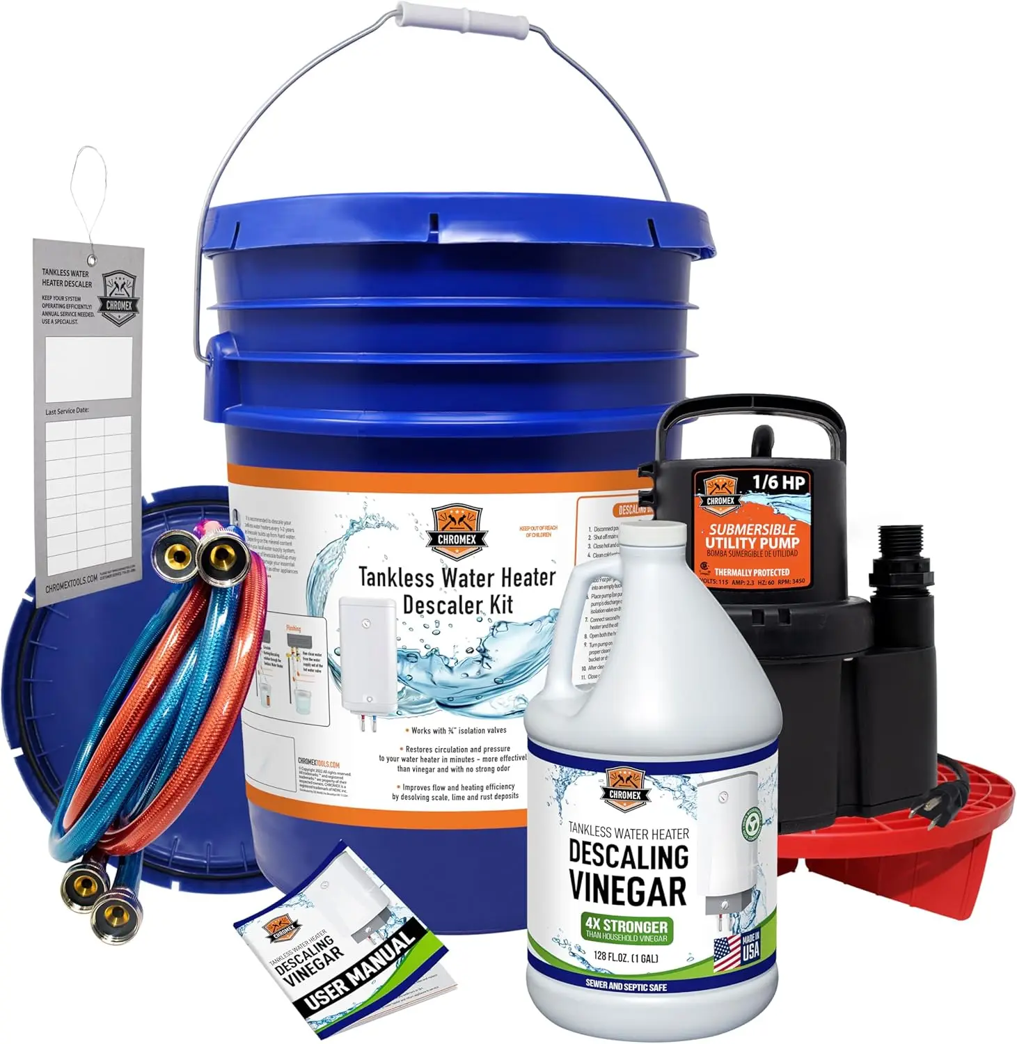 Tankless Water Heater Flush Kit with Concentrated Vinegar Dilutes to 4 Gallons and 1/6HP Extra Strength Pump