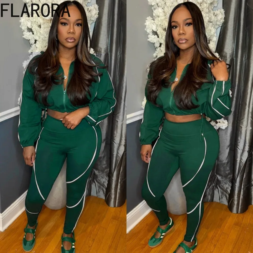 FLARORA Casual Stripe Patchwork 2 Piece Sets Woman Trend Stand Collar Long Sleeve Zip Crop Jackets And Leggings Sporty Outfits