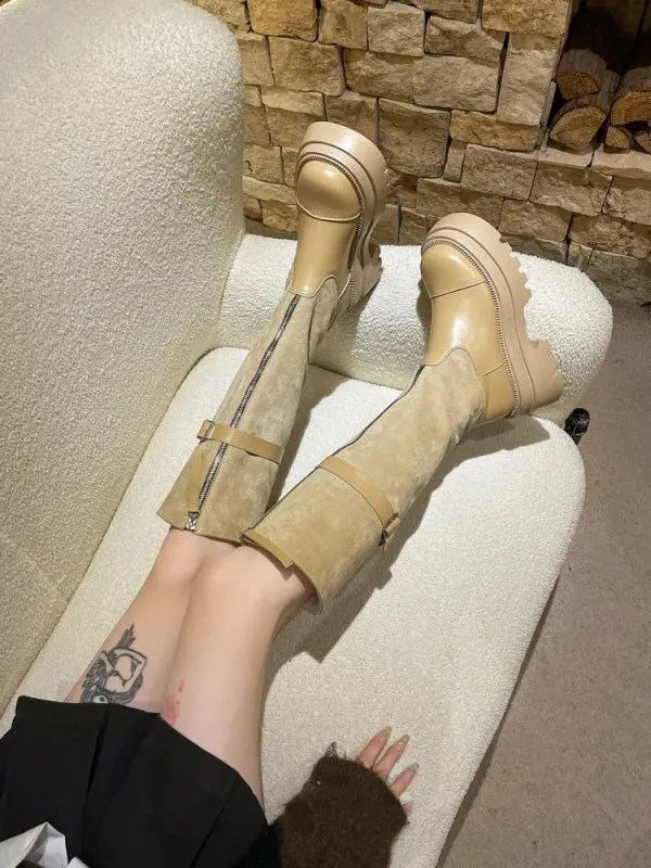 2024 Autumn Winter New Color But Knee Slim High Platform Knight Female Boots Fashion Retro Front Zipper Thigh-high Boots Fashion